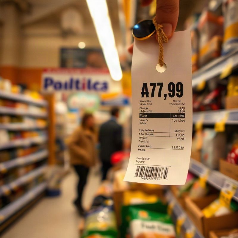 Etiquetas de preços num supermercado português com iluminação quente