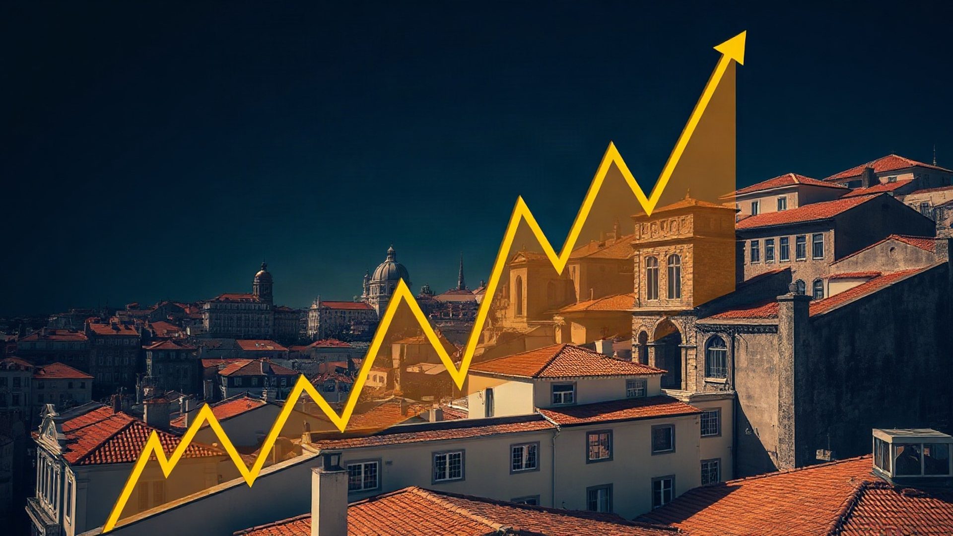 Vista aérea do Porto com gráfico económico sobreposto em tons âmbar-dourado